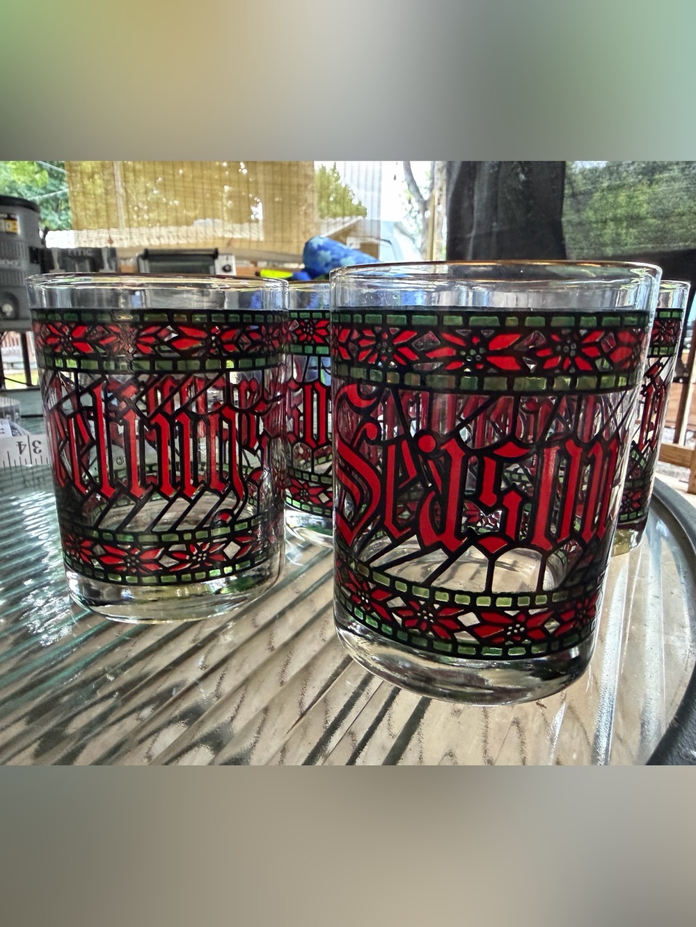 vintage set 4 double old-fashioned glasses 1970s Houze seasons greetings holiday